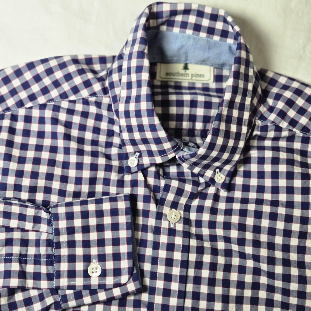 Southern‎ Pines Shirt Men's Medium Blue Check Long Sleeve Button Up 100% Cotton